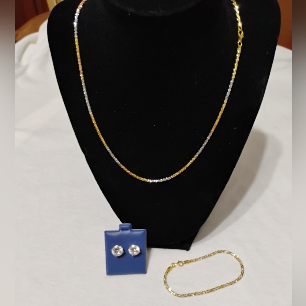 .925 Silver Set - 18" Tri-Color, 7" Dual-Tone, & Gold-Over-Silver Earrings